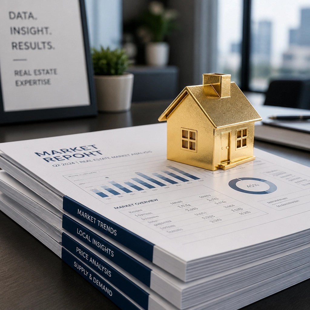 An abstract real estate concept showing market reports and a golden house model, symbolizing data-driven expertise.