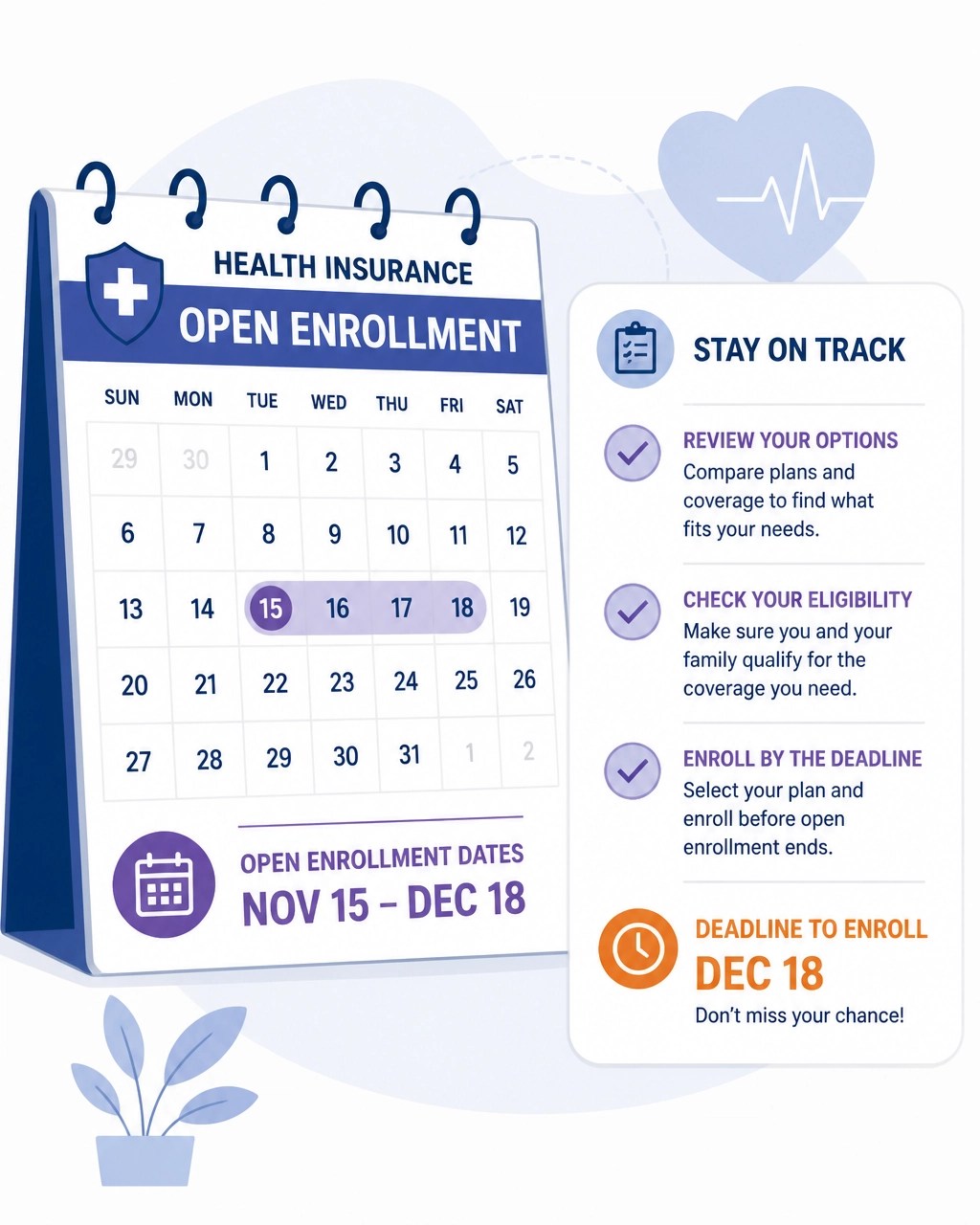 Minimalist vector-style illustration of a calendar and checklist representing health insurance open enrollment and deadlines