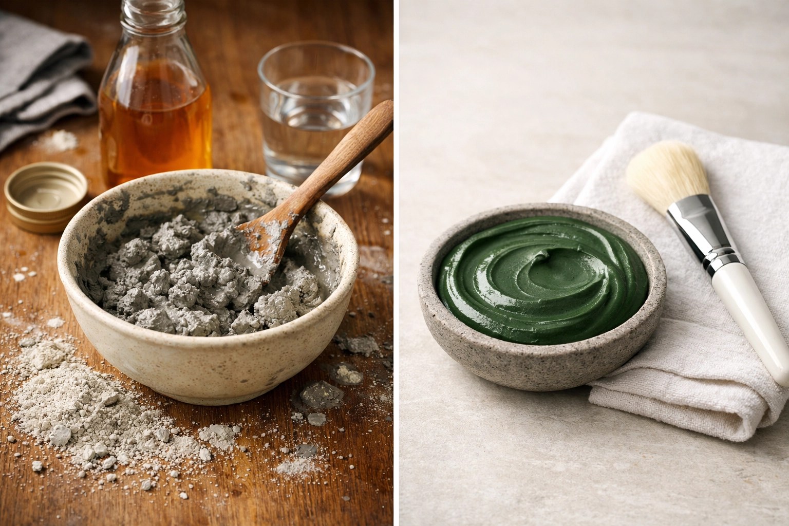 Comparison of messy DIY bentonite clay mixing versus smooth, ready-to-use French green clay for skin recovery.