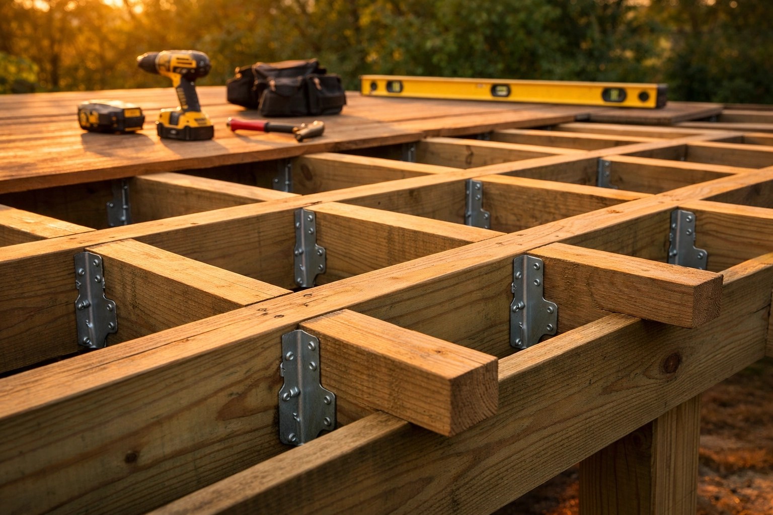 Charpente robuste en bois traité avec solives pour une terrasse durable à Trois-Rivières.