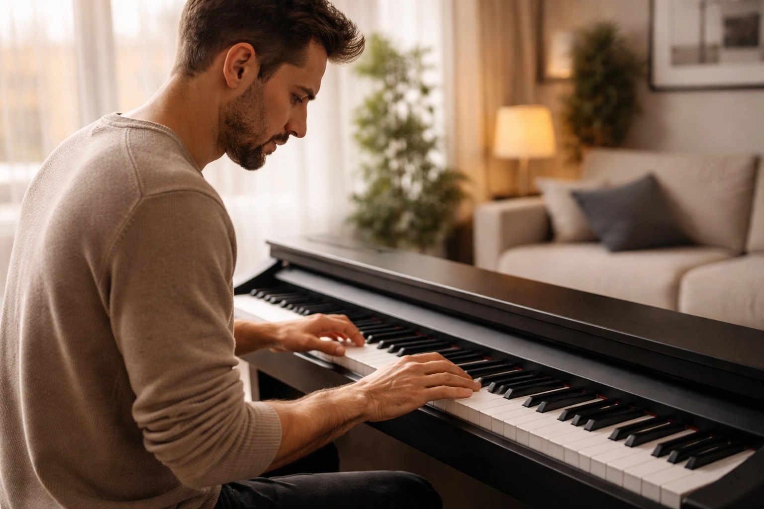 Male adult student practising piano at home in a high-end modern living room, side profile with face and hands on the keys, with no music stand or sheet music visible.