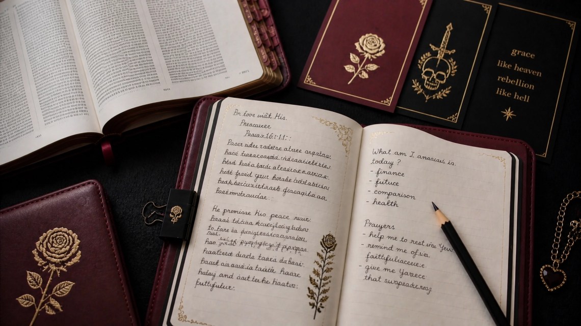 Overhead view of a Bible study journal, open Bible, tabs, pencil, and study notes