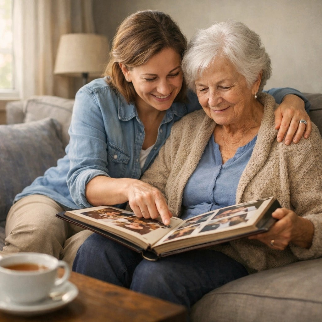 Mother and daughter discussing legacy planning while looking through family photos