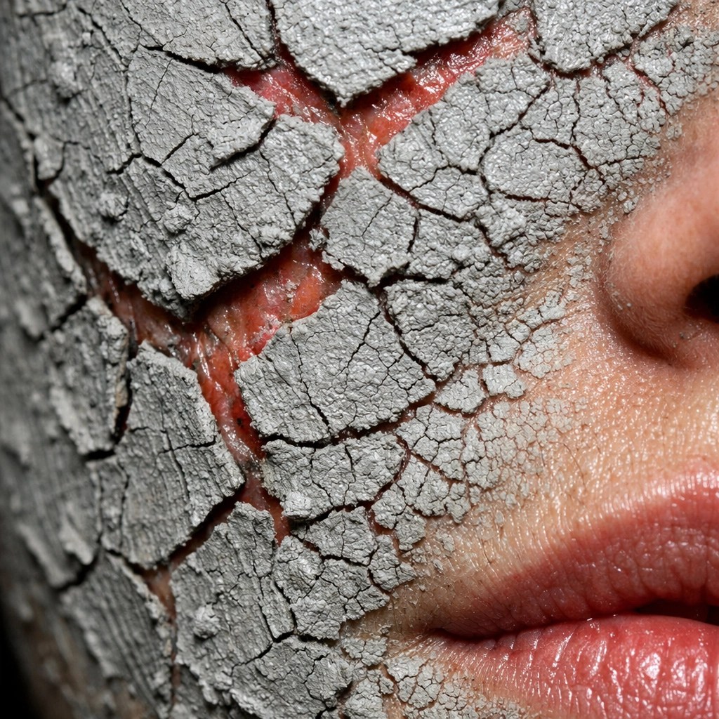 Close-up of cracked bentonite clay mask on red, irritated skin illustrating damage to the skin barrier.