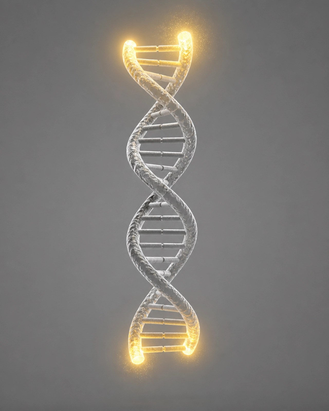A minimalist, artistic 3D visualization of a DNA double helix with glowing golden telomeres.