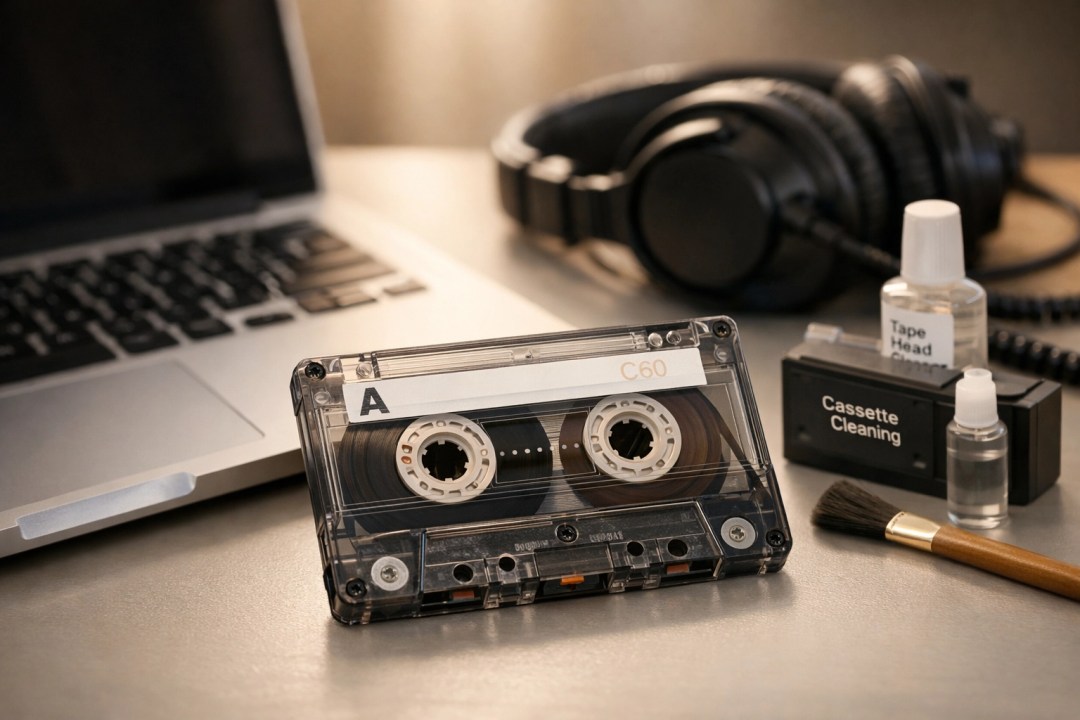 Vintage audio cassette and cleaning tools on a desk for professional digital conversion.