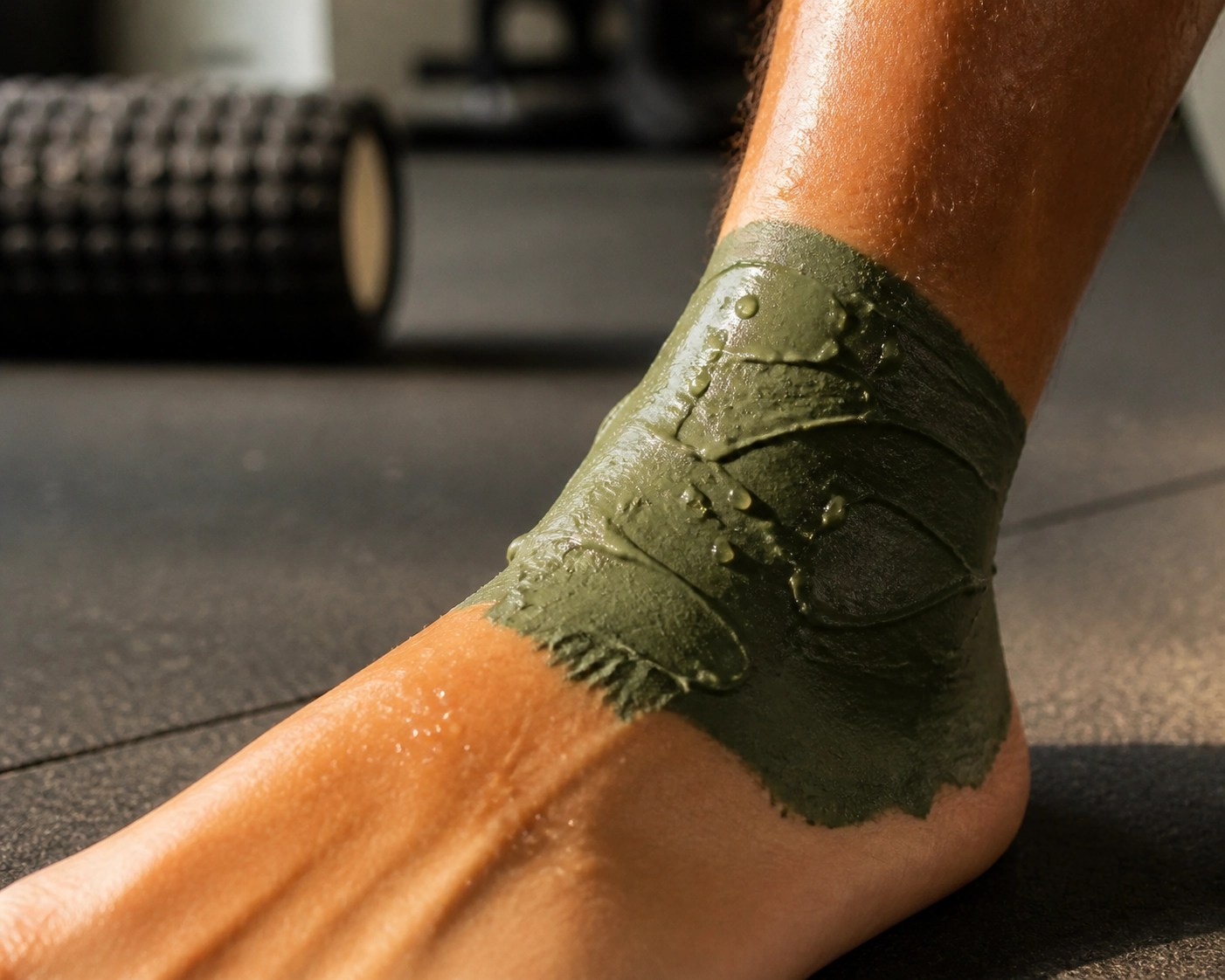 Athlete's ankle treated with thick green clay paste for cooling relief and joint recovery.
