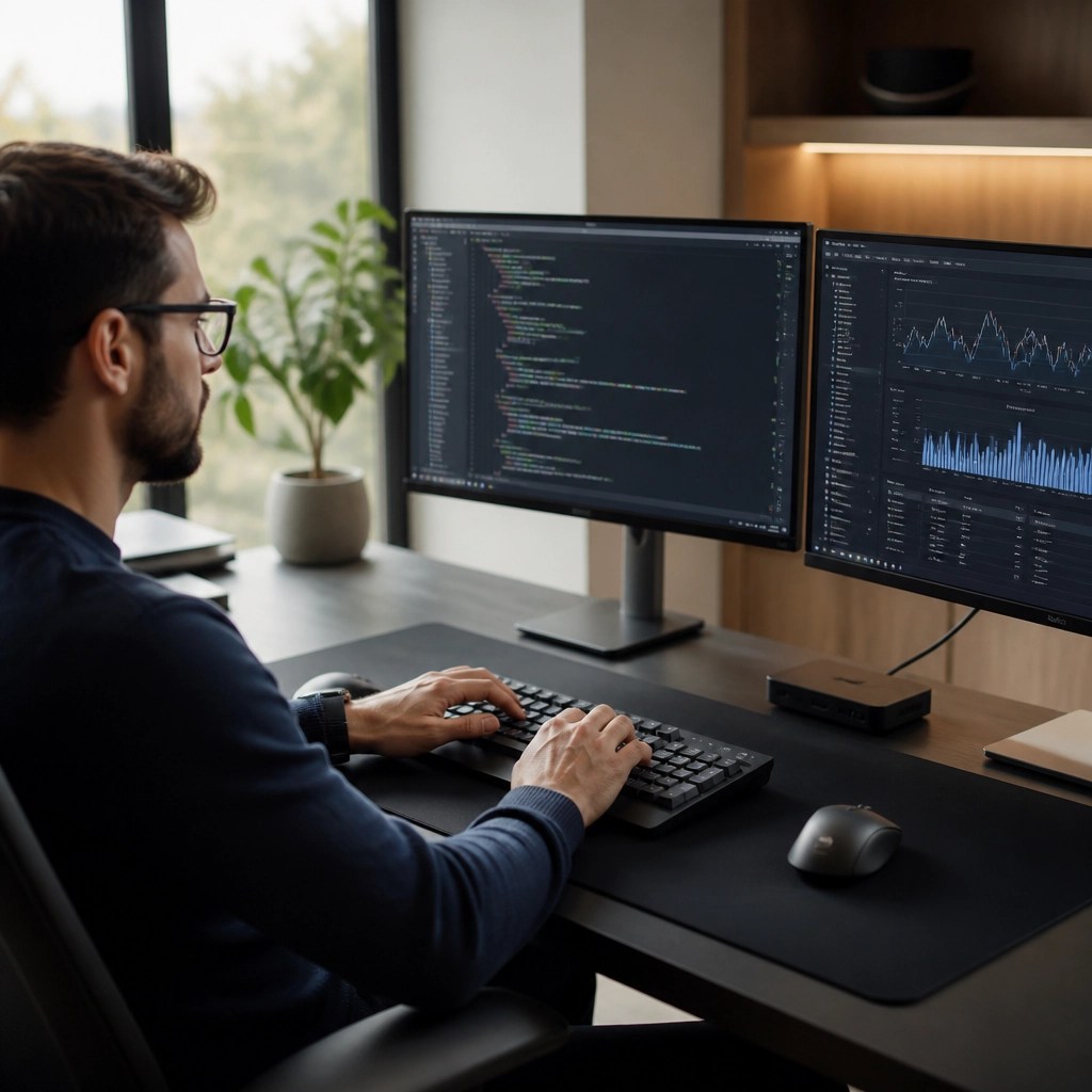 A solo professional working with a dual-monitor setup