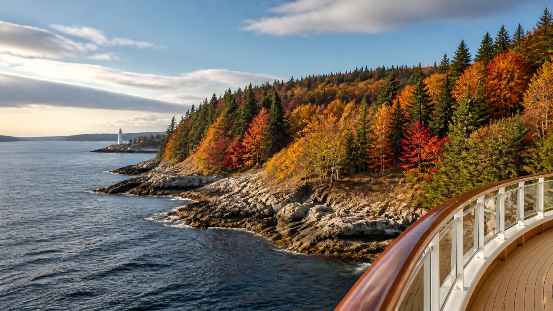Coastal Maine and Nova Scotia viewed from a cruise ship, with scarlet, orange, and gold forests beside the water
