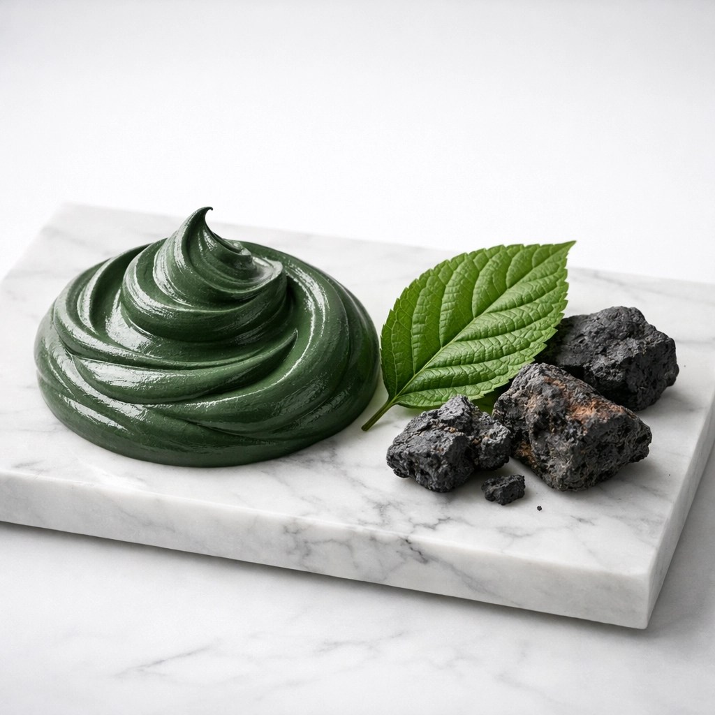 Pure food grade green clay swirl with a leaf and minerals for natural healing and skin repair.