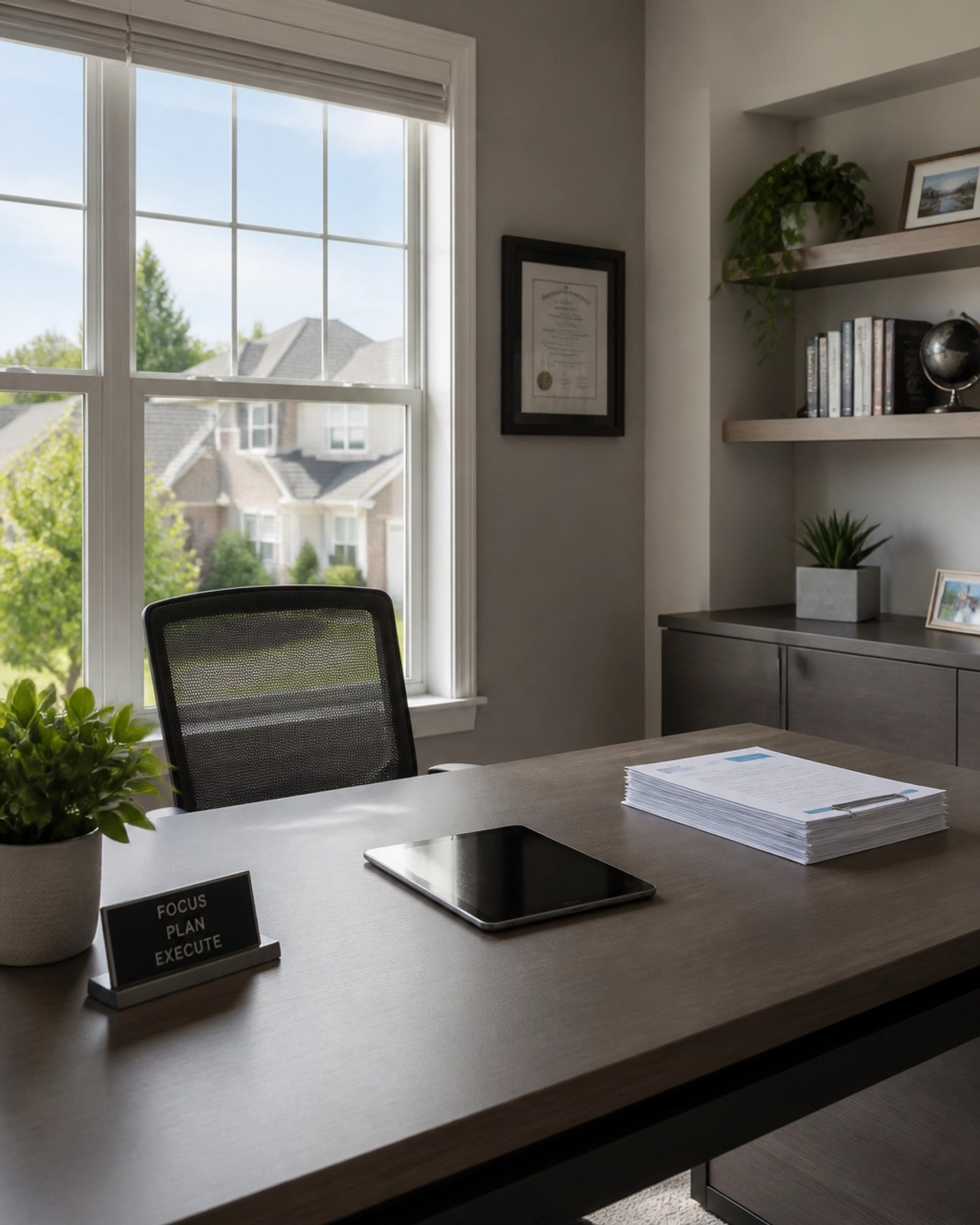 A professional and clean home office space with a large window, symbolizing the financial planning and organization involved in home equity decisions.