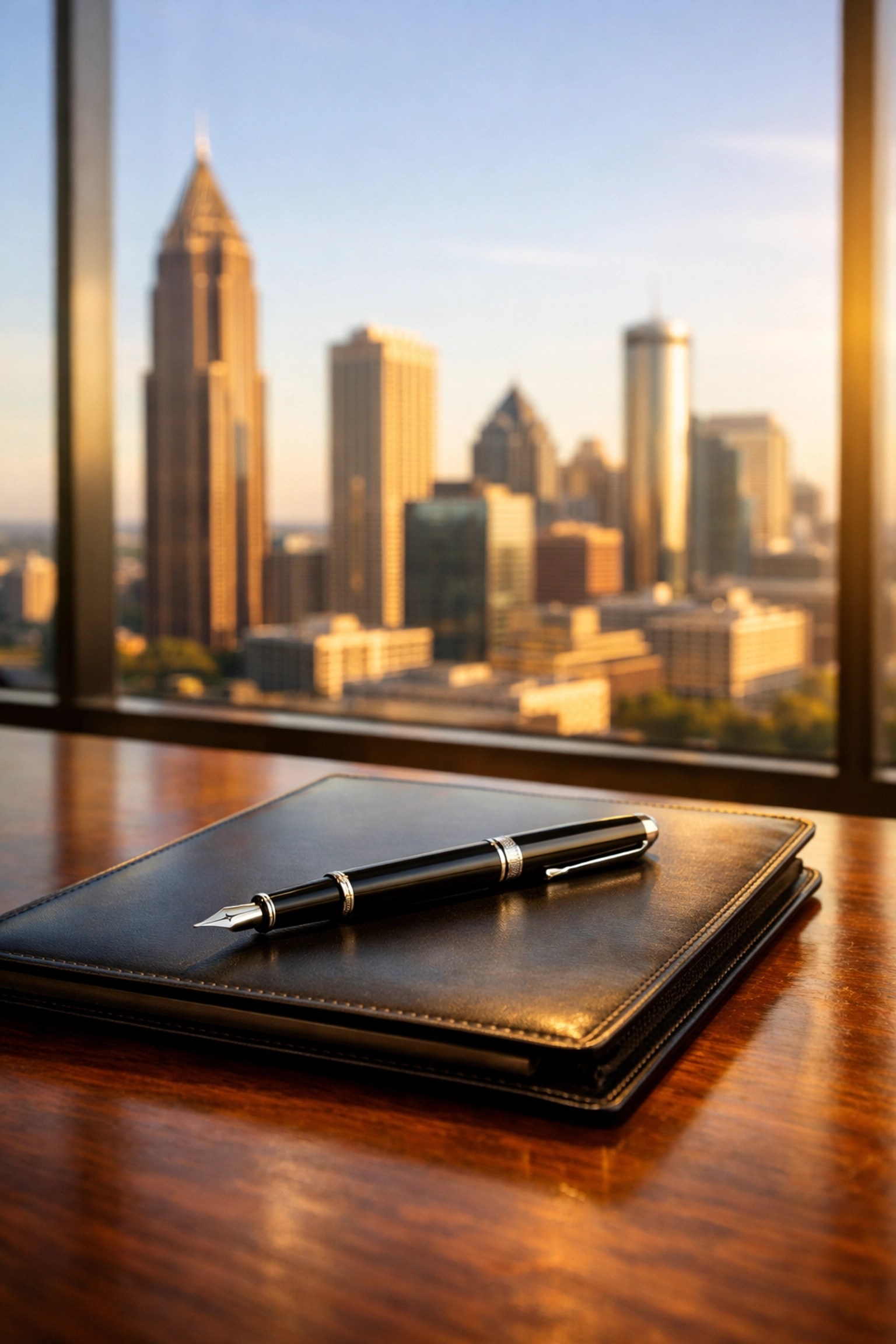 Professional office desk in Midtown Atlanta symbolizing secure life insurance agreements for small businesses.