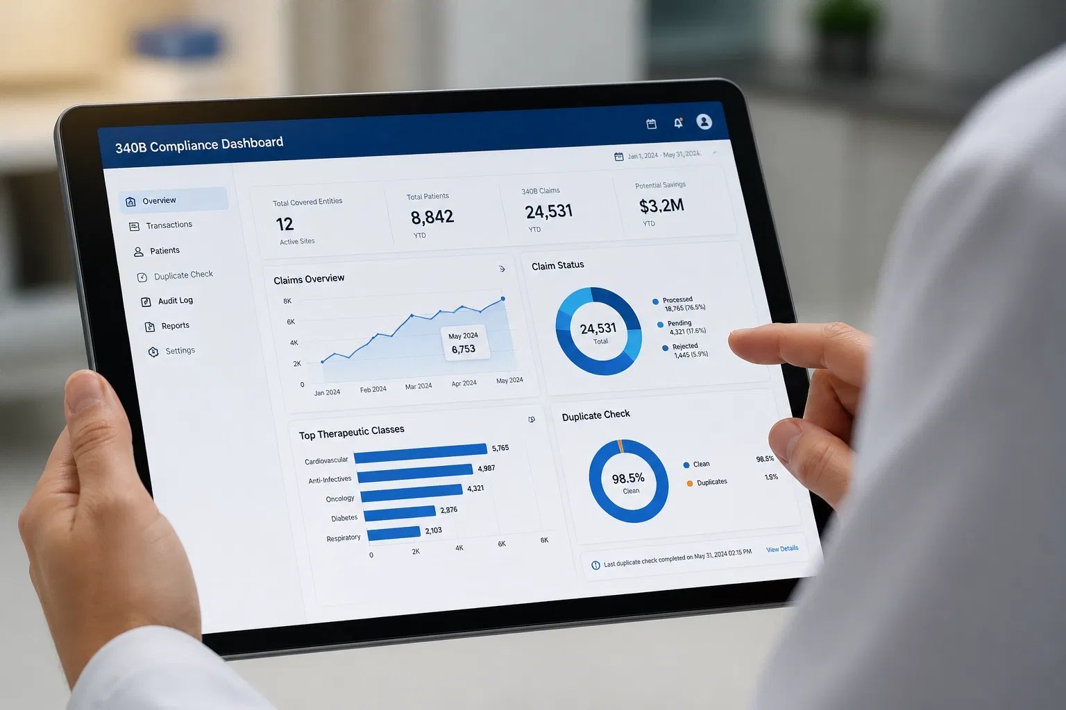 340B compliance dashboard showing claims, savings, and operational performance metrics