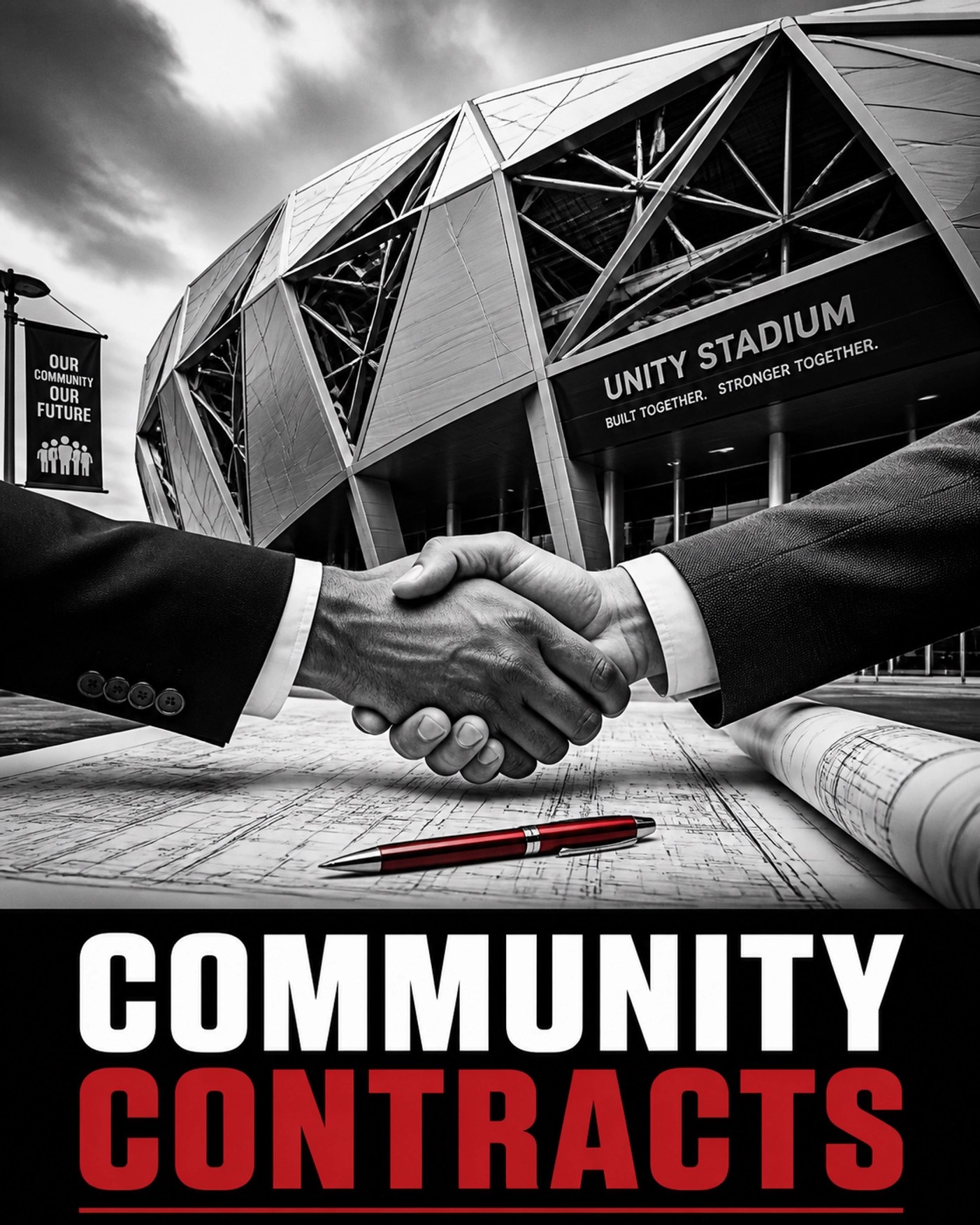 Handshake over stadium construction blueprints symbolizing minority-owned business vendor contracts.