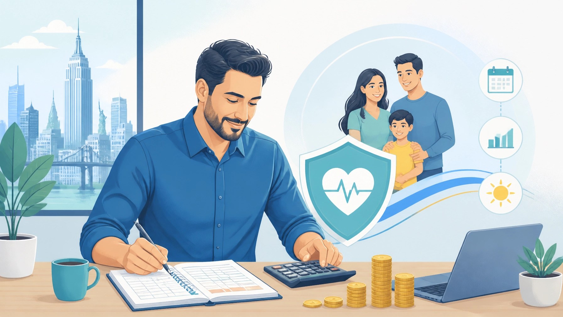 New York small-business owner reviewing a benefits budget and planning for employee financial stability