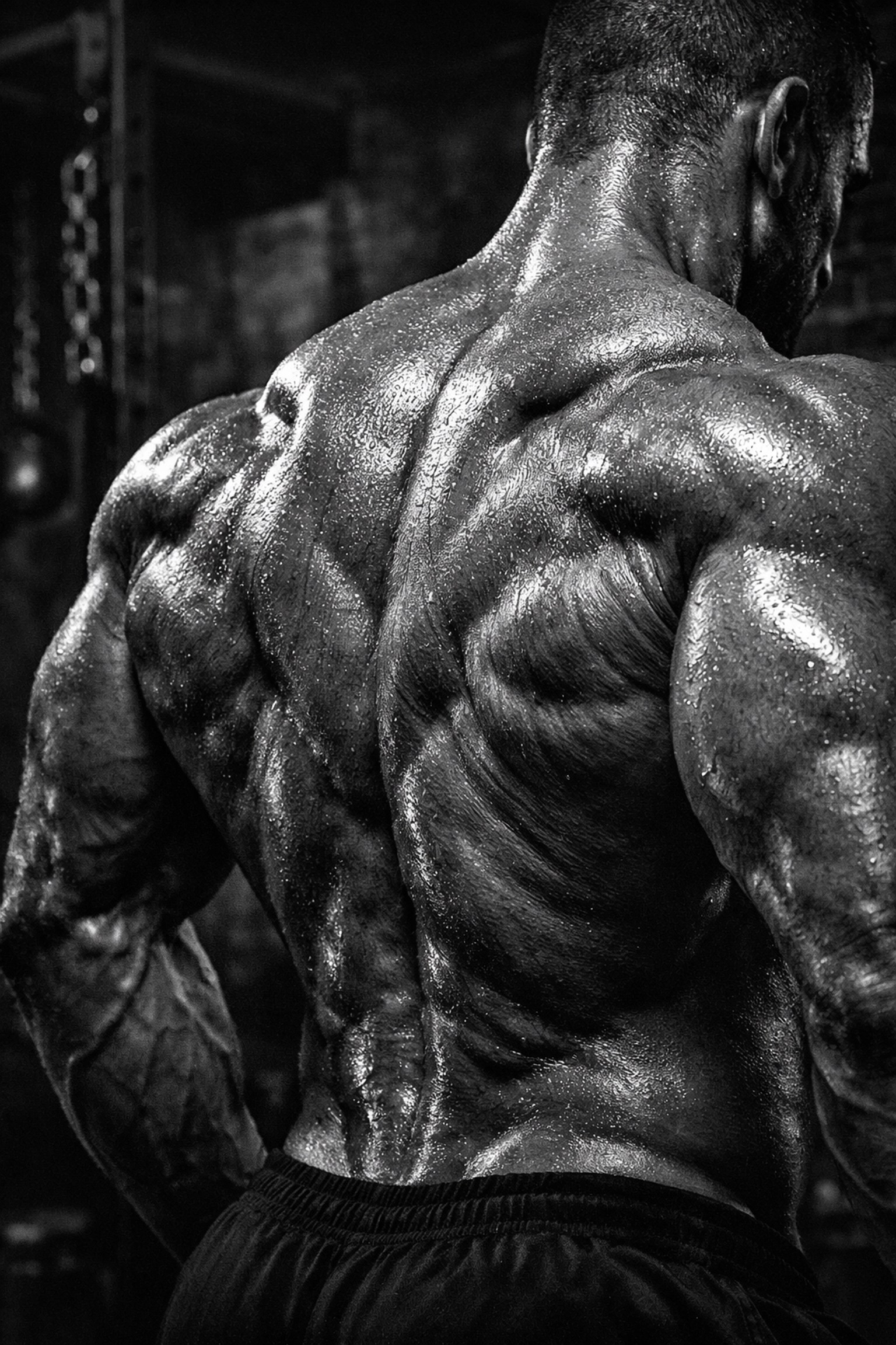 Detailed close-up of muscular back anatomy showing flared latissimus dorsi and muscle striations.