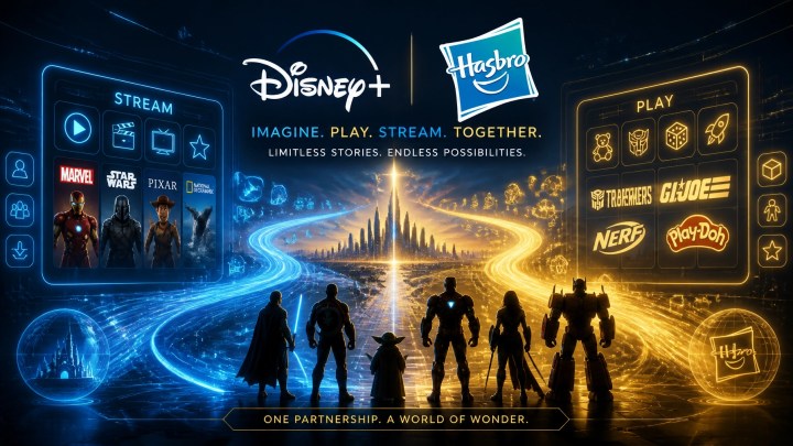 A stylized illustration of the media partnership between major studios and toy giants