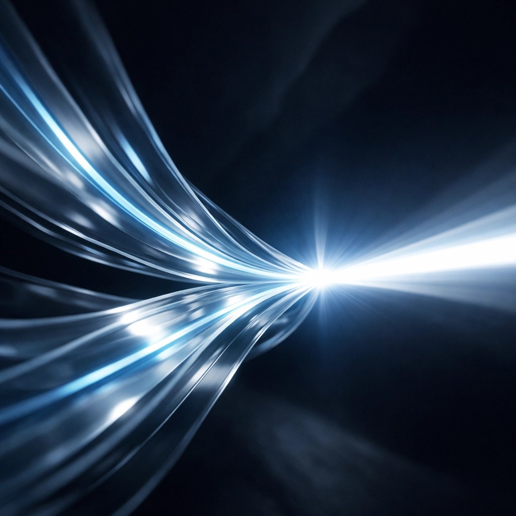 Fluid ribbons merging into light representing efficient agency automation and streamlined systems.