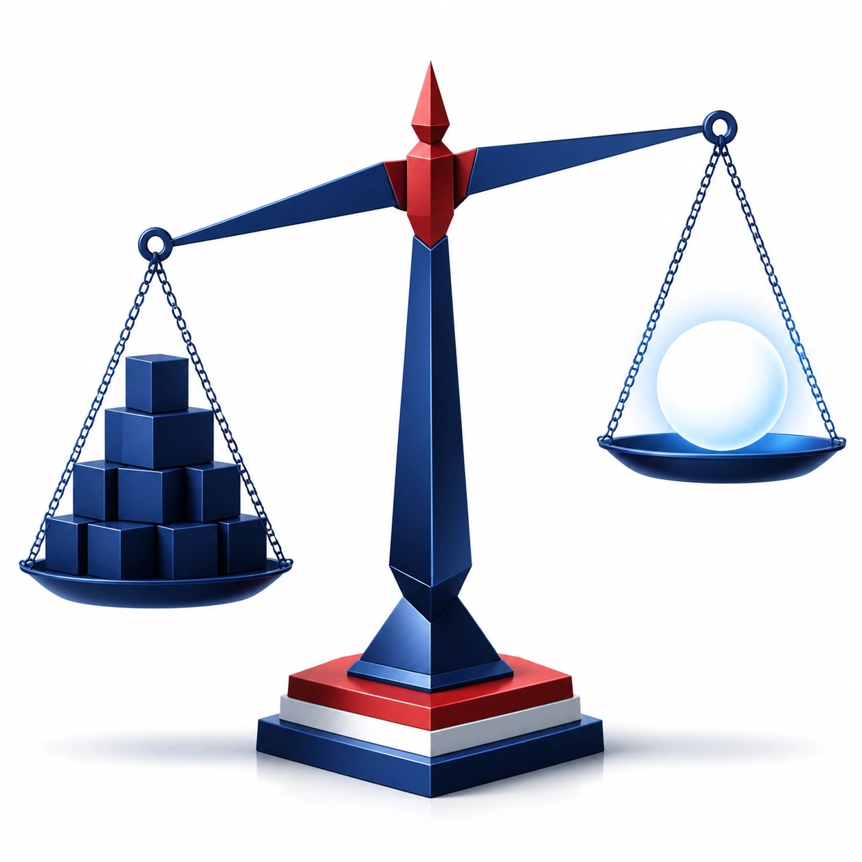 Minimalist balance scale comparing material wealth cubes with a radiant sphere of spiritual peace.