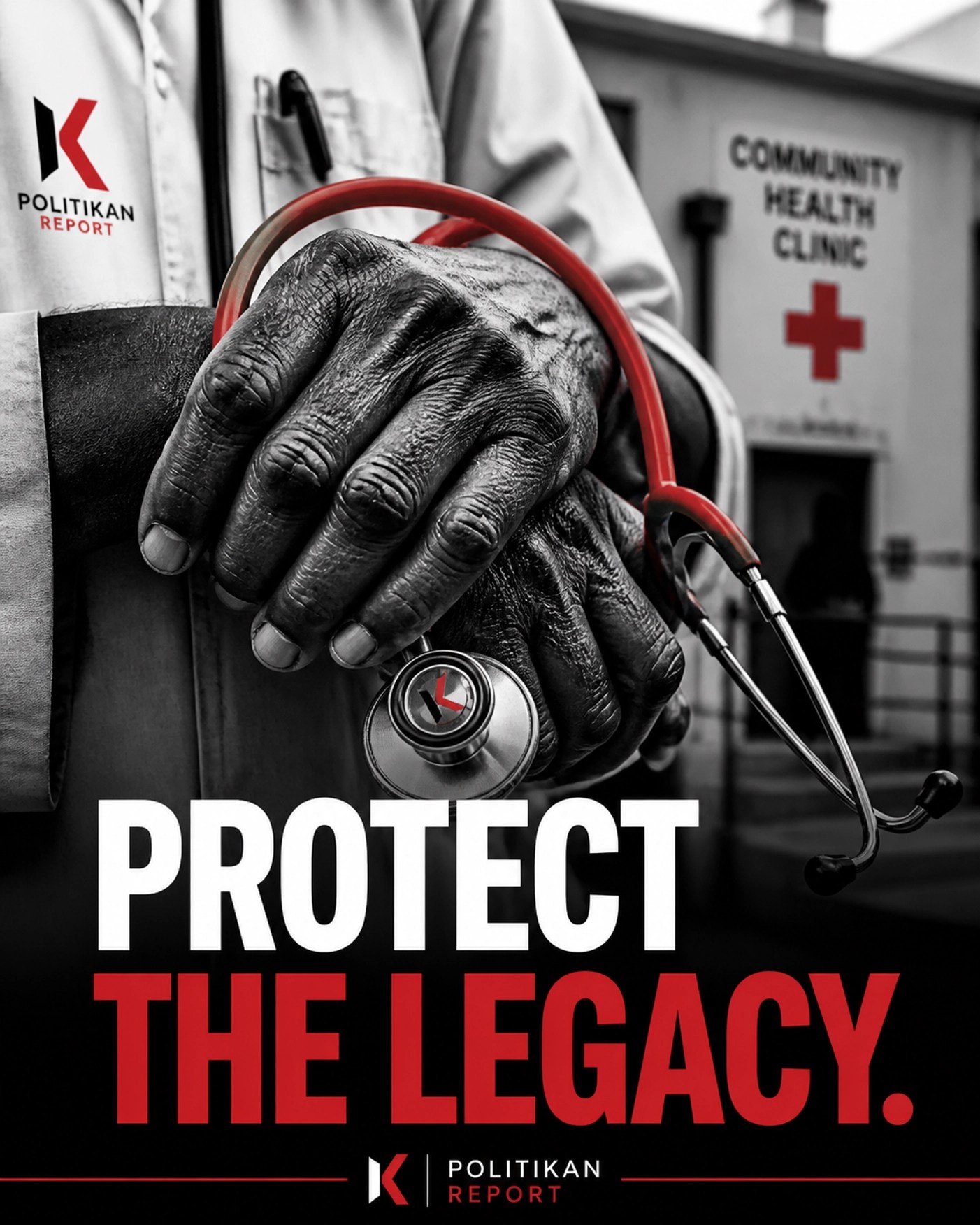 Close-up of hands with a stethoscope and red cord, highlighting health awareness for music legends.