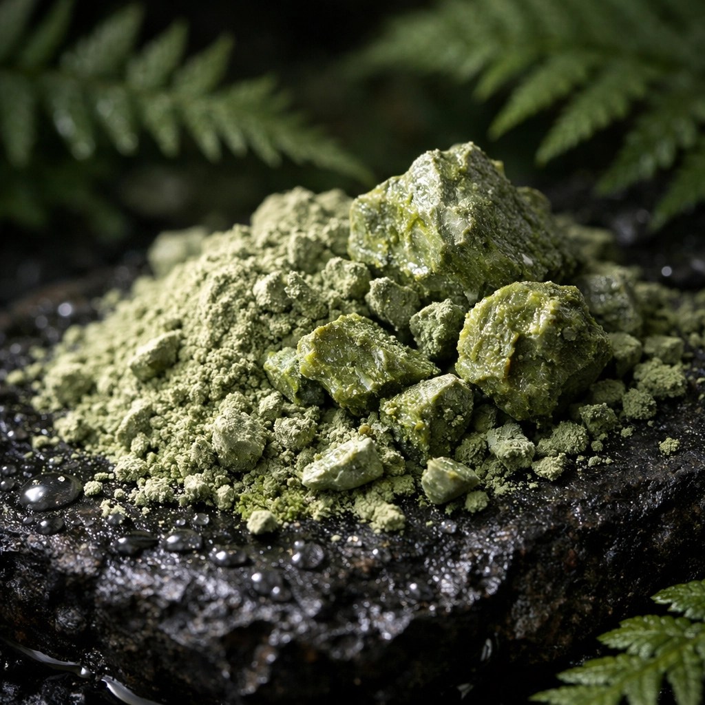 Raw mineral-rich French green clay highlighting the natural texture of illite and montmorillonite.