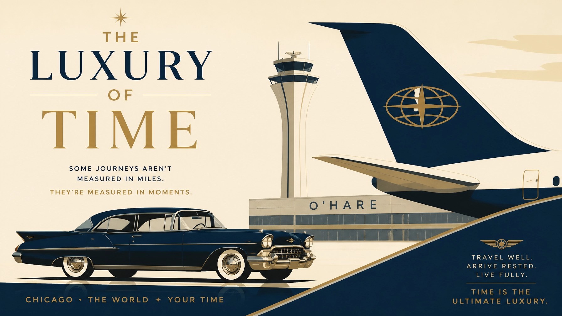 The Luxury of Time: A minimalist Mid-Century graphic celebrating the harmony of luxury ground and air travel.
