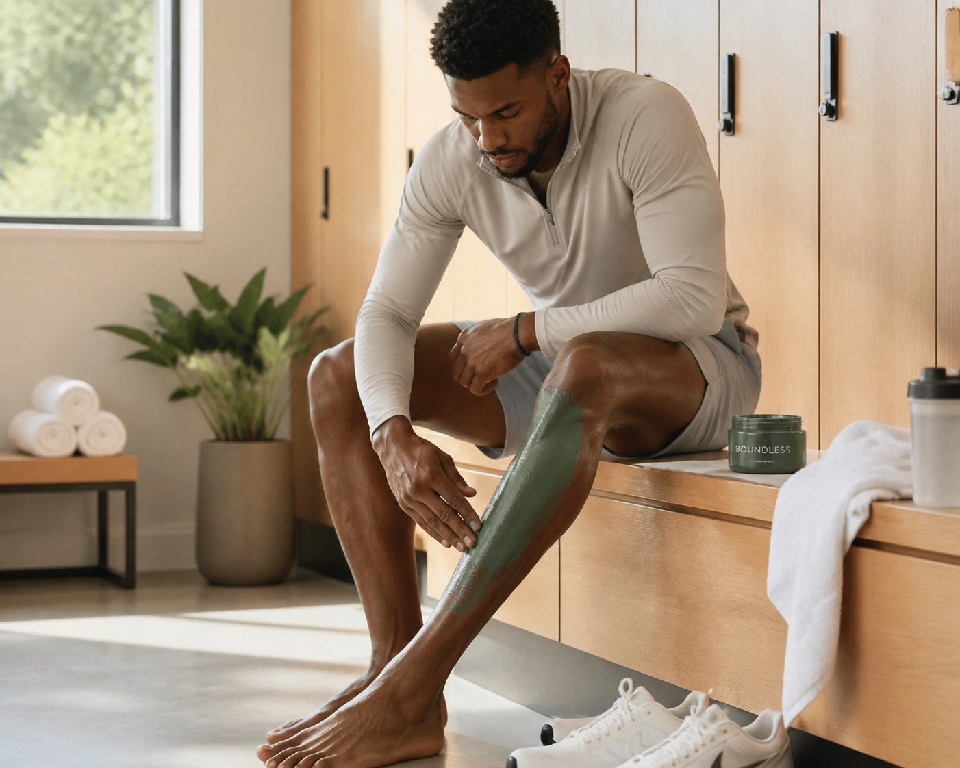 An athlete applying a green clay wrap to their calf muscle to reduce soreness and improve recovery.