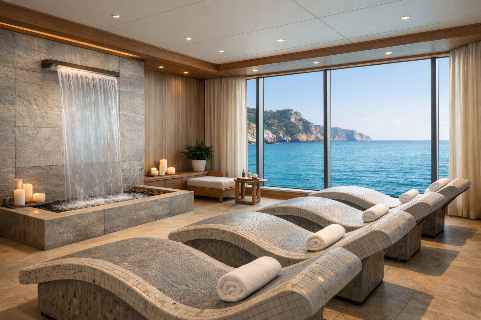 Serene thermal spa room on a luxury cruise ship overlooking the Mediterranean Sea.