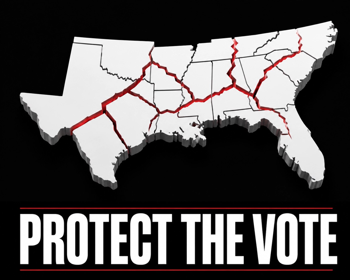Map of the American South with red cracks symbolizing the fight for Black voting rights.