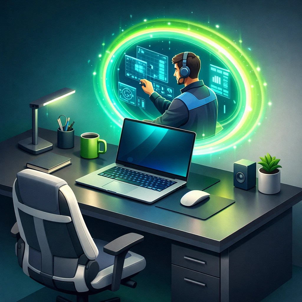 Modern home office with a holographic IT technician showing instant remote computer support connectivity.