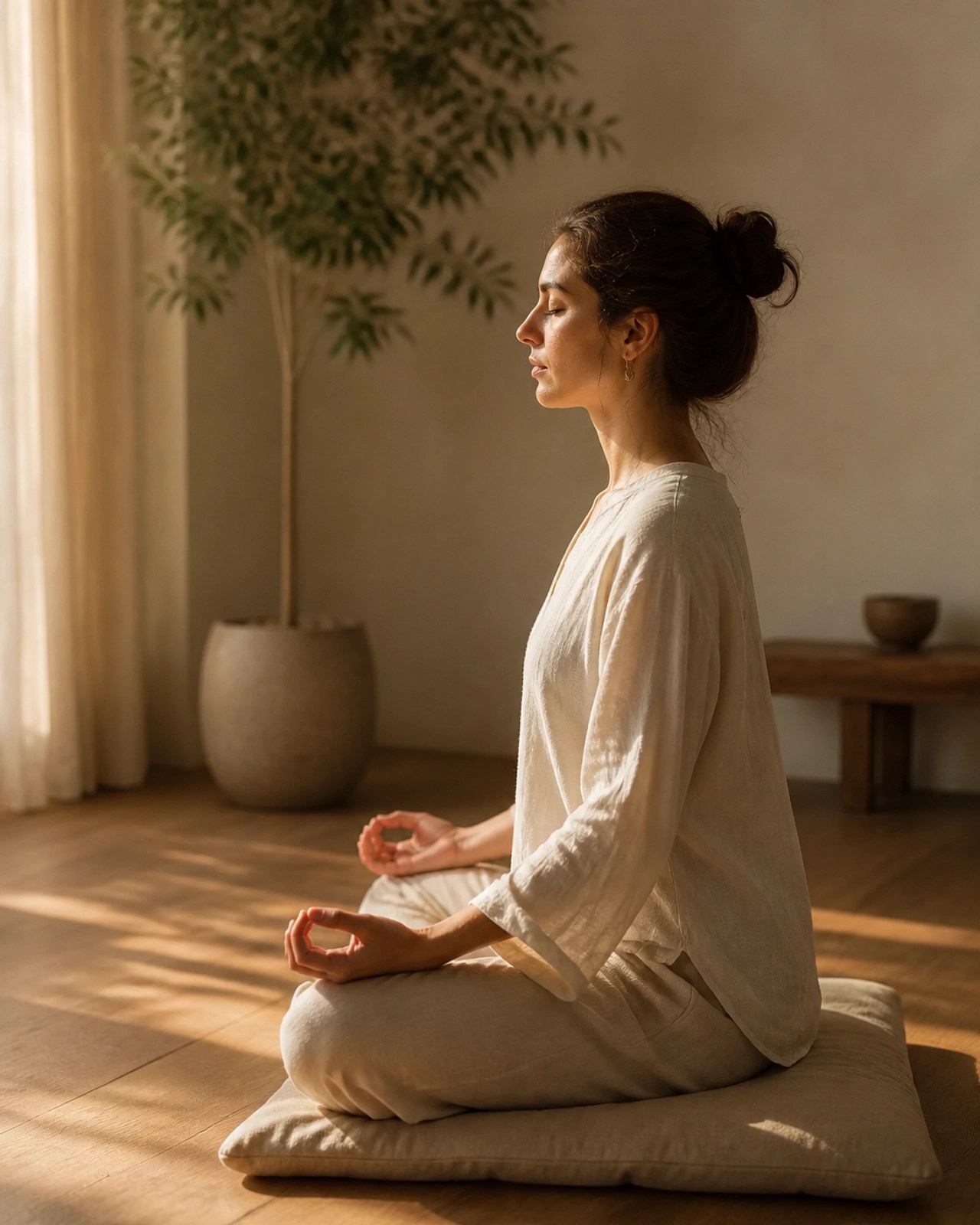 A serene individual practicing morning meditation in a sunlit room, embodying the balance sought in Dinacharya.