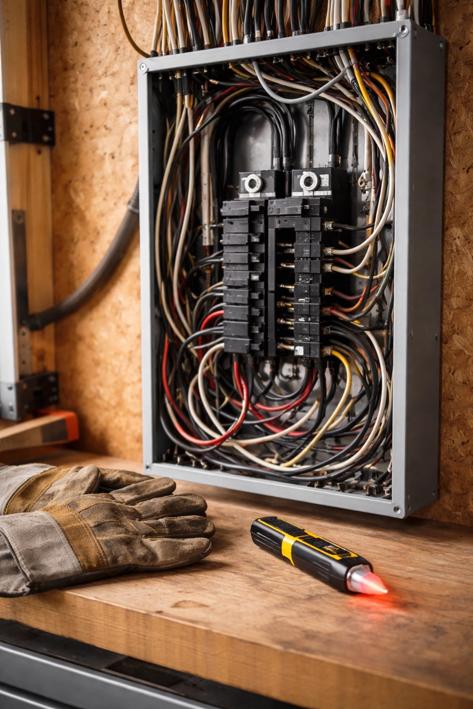 Close-up of open electrical panel with tangled wires, highlighting common inspection oversights in homes