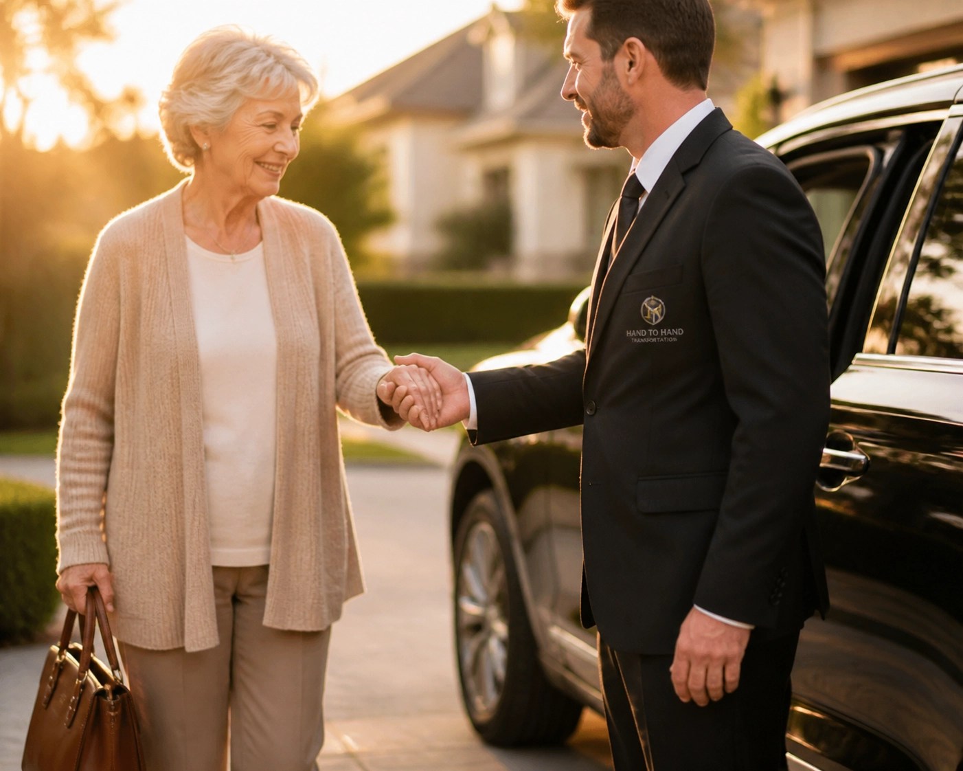 Professional driver assisting an elderly passenger with door-to-door medical transportation.