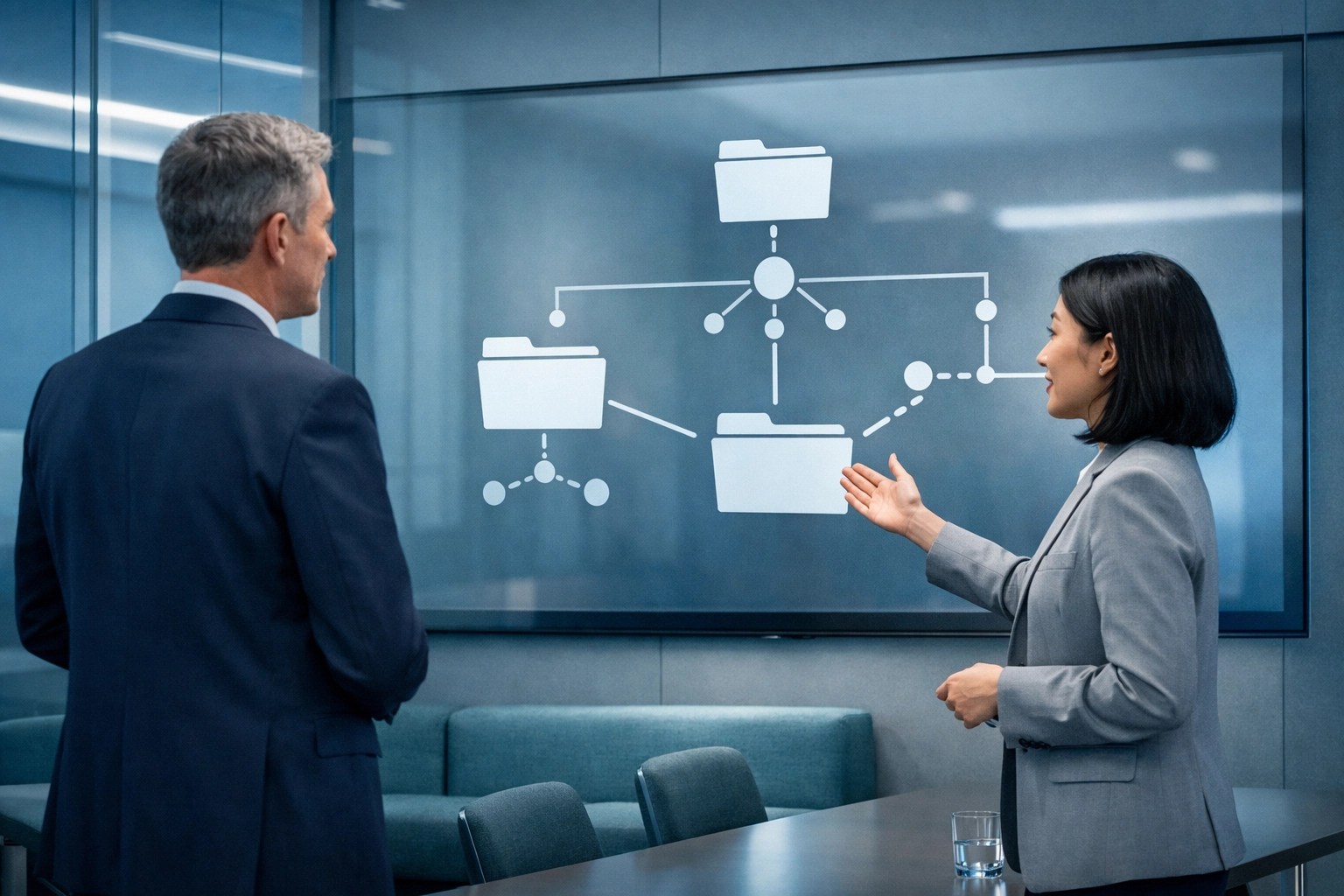 Experts analyzing a digital presentation on lobbying compliance services and organized record keeping.