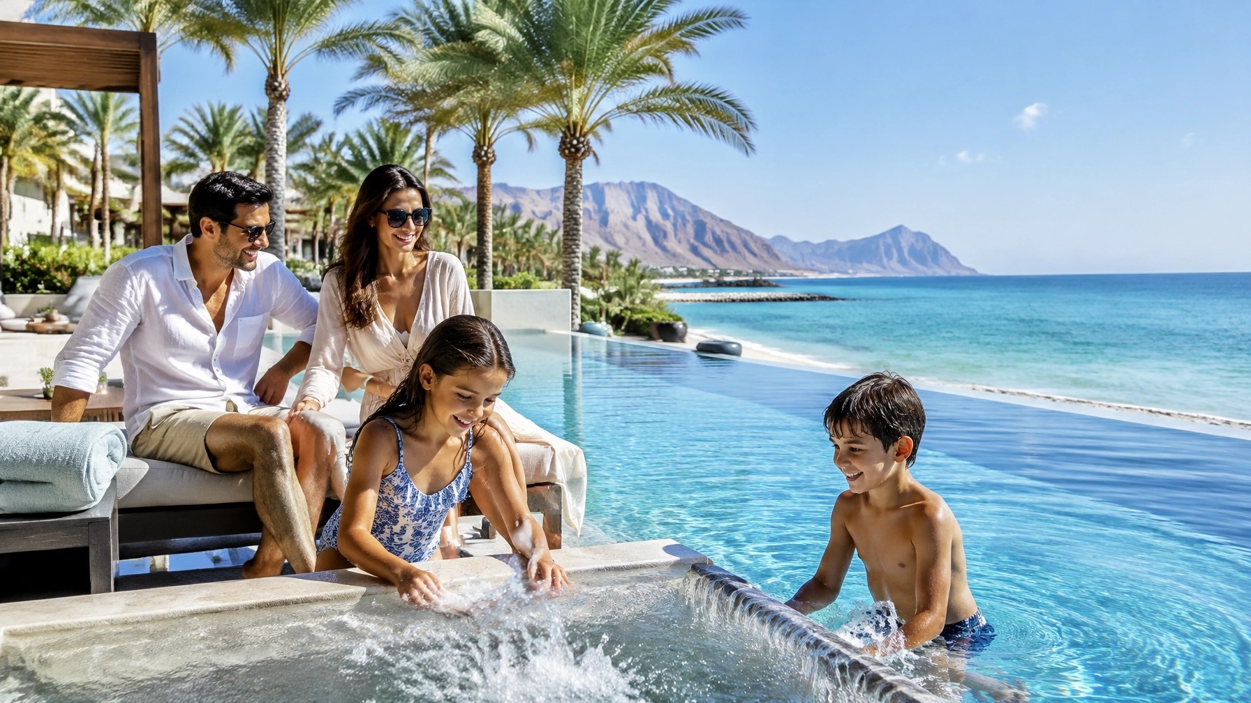 Family beside a refined beachfront pool at a sunny Ras Al Khaimah-style resort