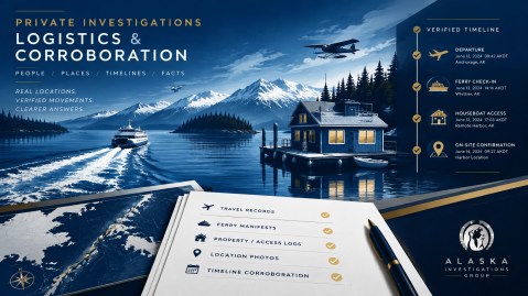 Editorial illustration showing Alaska coastal logistics, a ferry, small aircraft, harbor, map routes, and neutral records