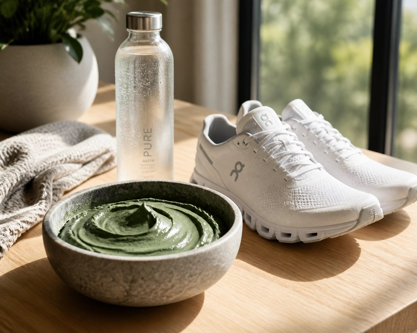 Natural French green clay paste beside running shoes, symbolizing athlete sports recovery tools.