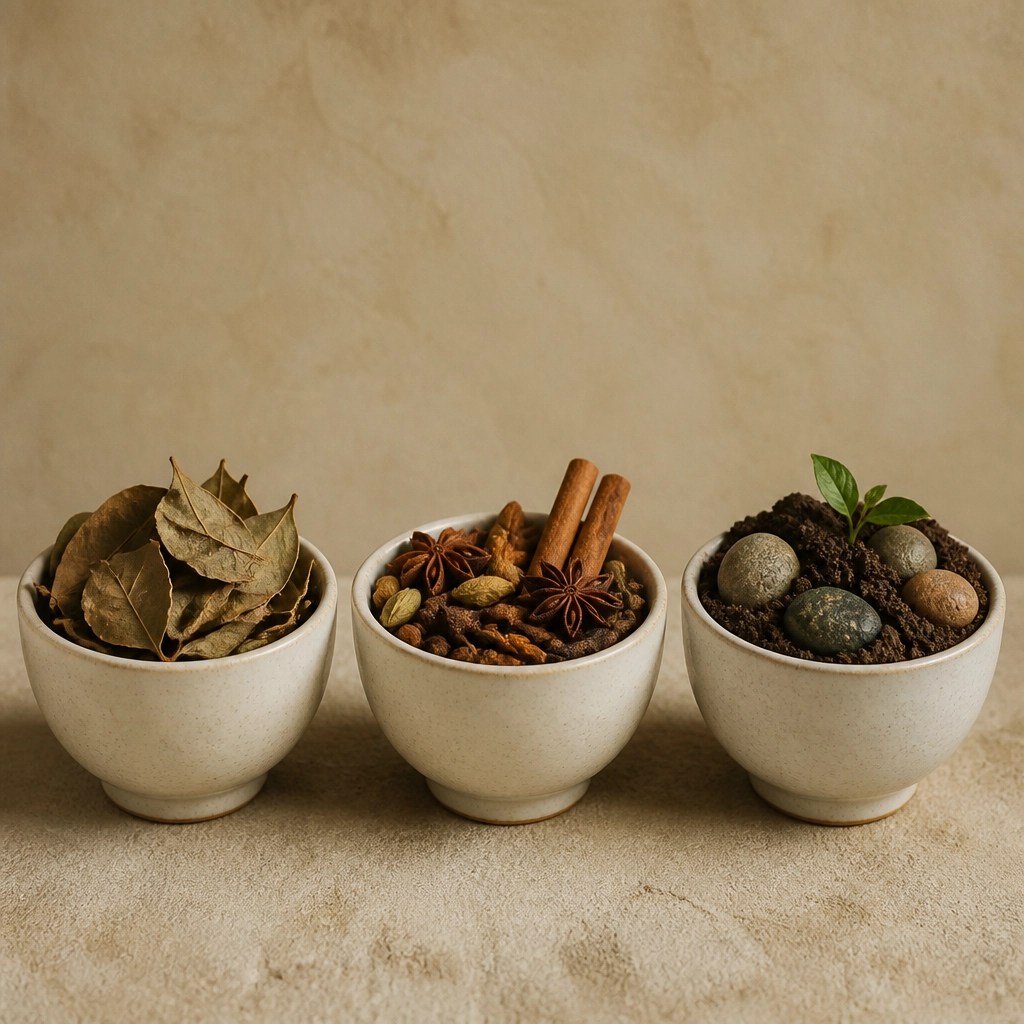 Three ceramic vessels representing the textures and qualities of the Vata, Pitta, and Kapha doshas.
