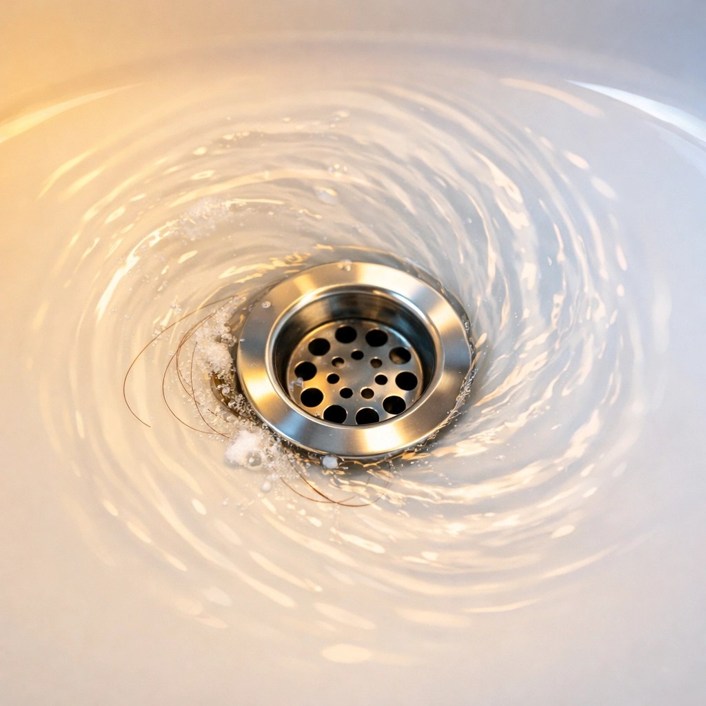 Slow draining bathroom sink with hair and soap buildup causing clog