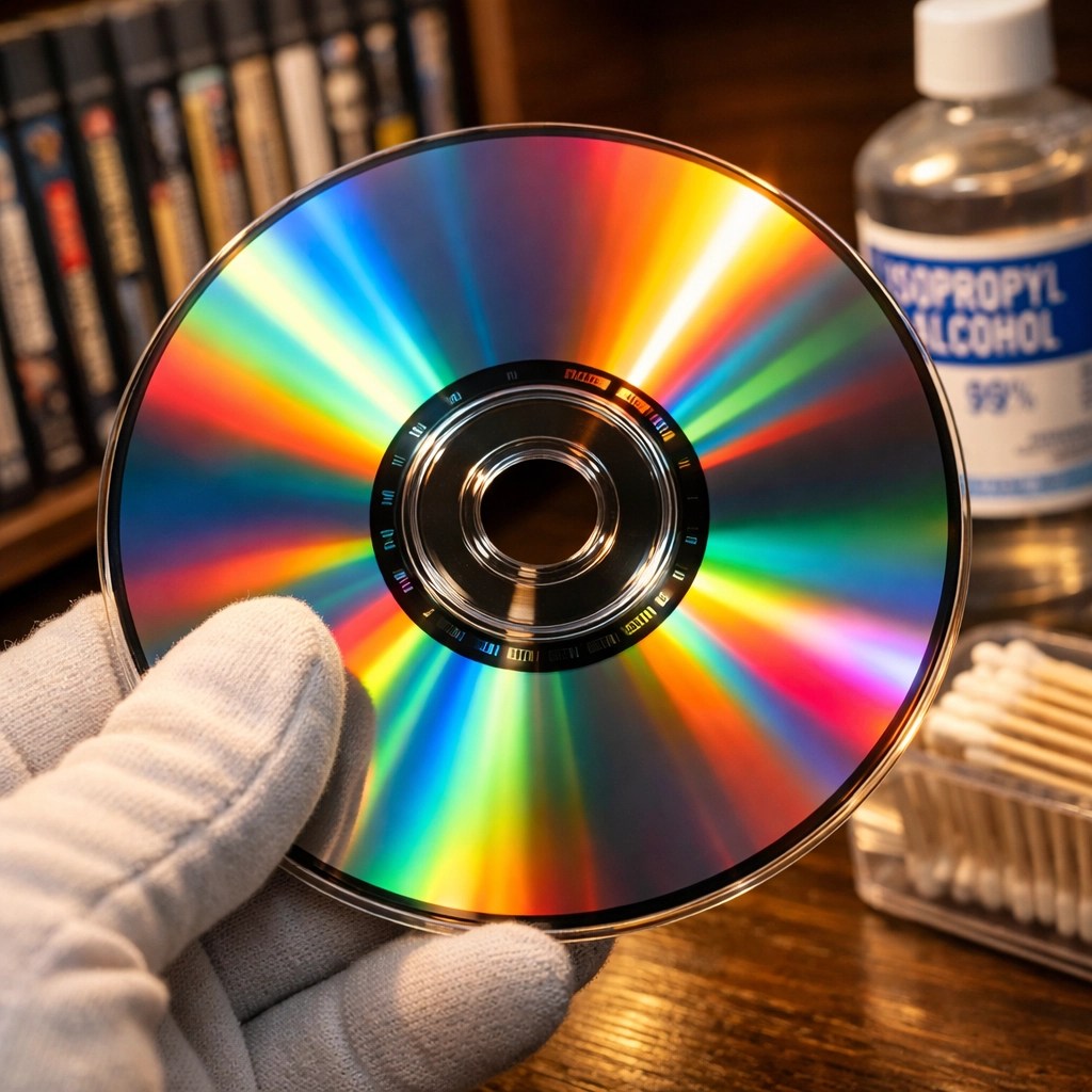 Technician holding a clean vintage game disc over a workbench with disc maintenance supplies.