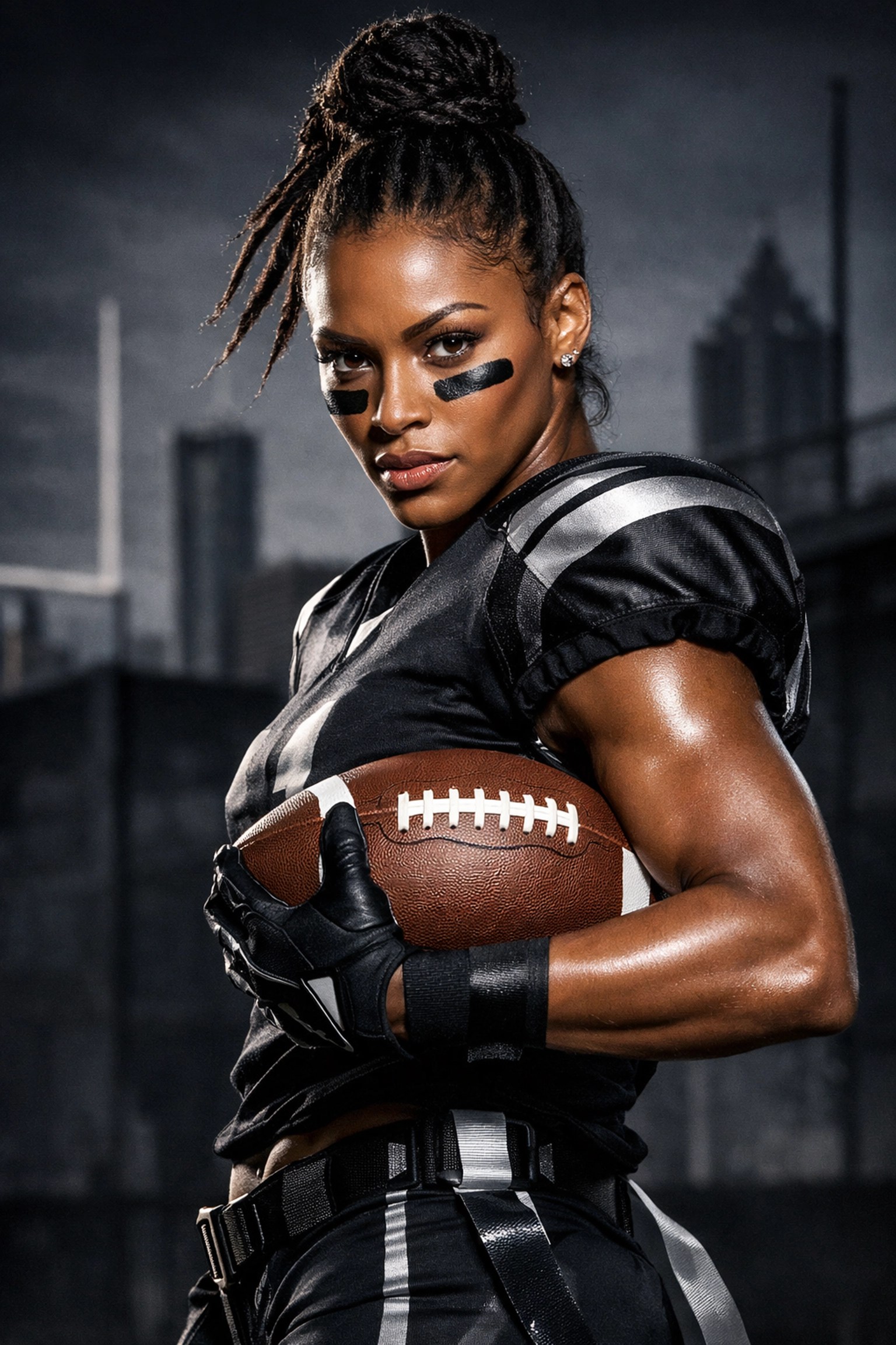 Focused female flag football athlete holding a football, representing college recruiting for athletes in Atlanta.