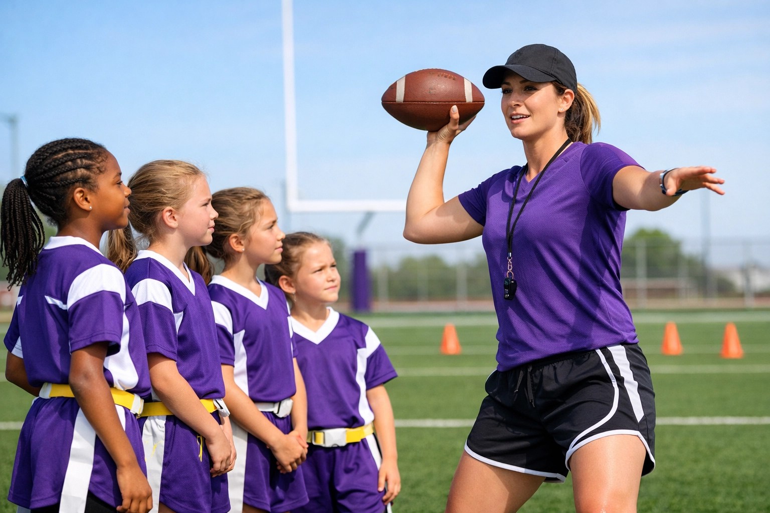Professional coach teaching girls flag football techniques at Atlanta training session