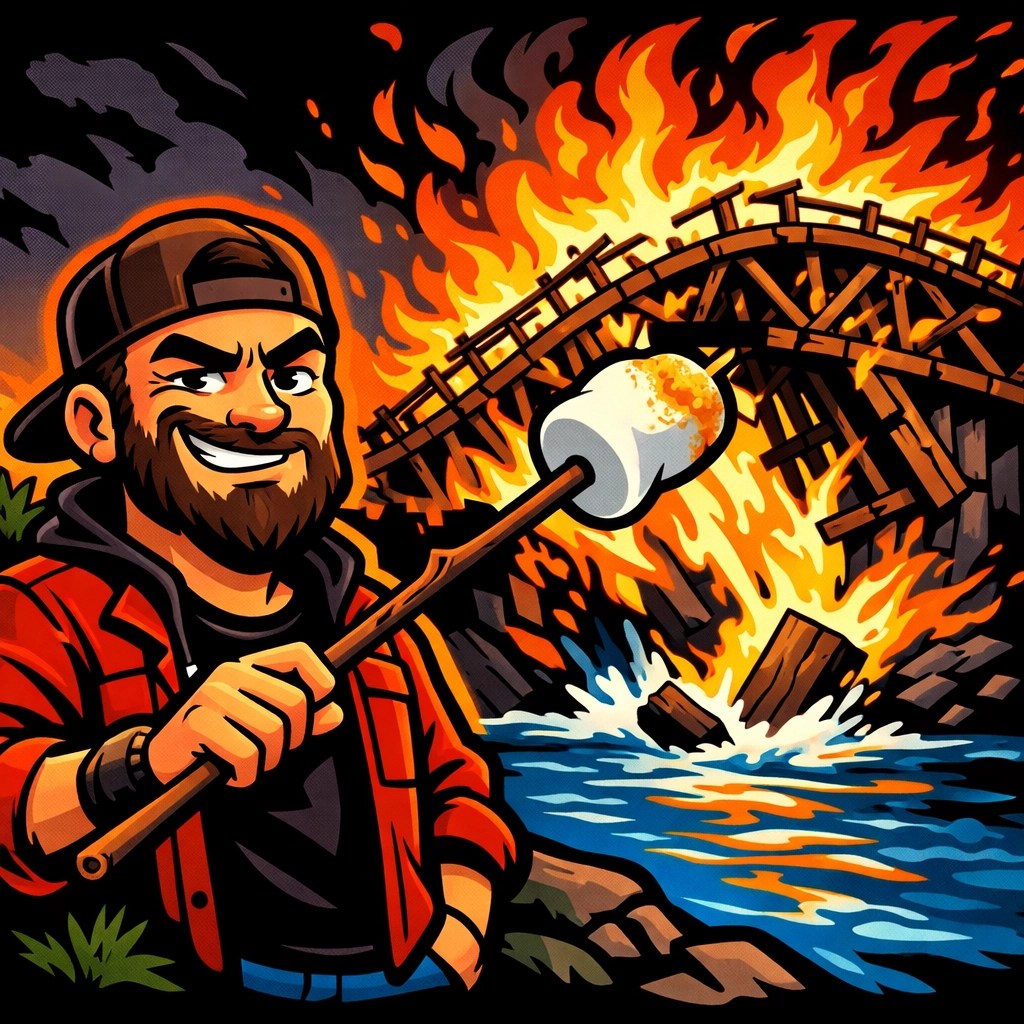 Top 10 Offensive T Shirts for Men That’ll Actually Get You Banned From the Family Reunion 13 Cartoon of a man roasting a marshmallow over a burning bridge, perfect for offensive t shirts for men.