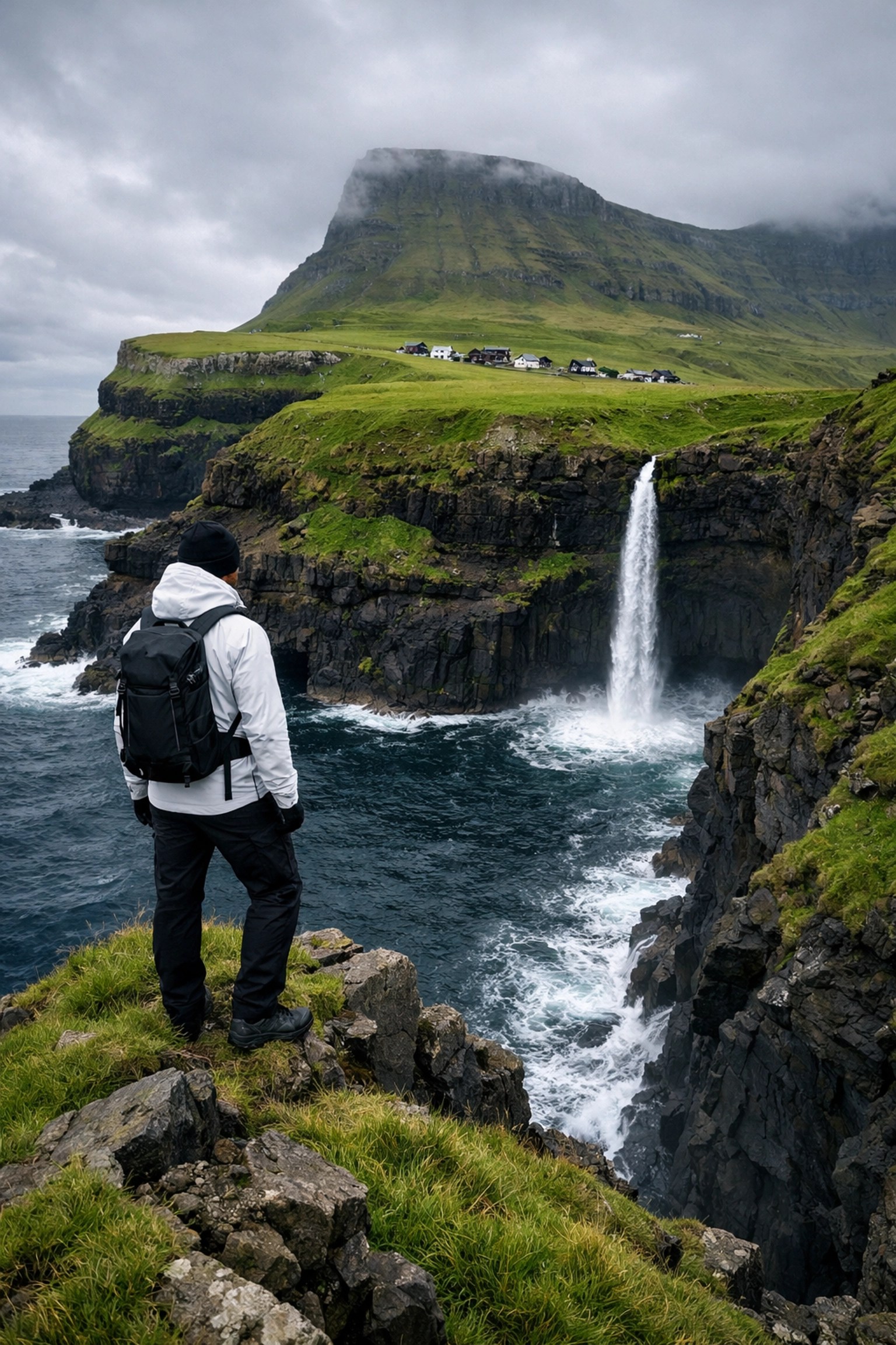 A lone traveler at Mulafossur Waterfall in the Faroe Islands, exploring off the beaten path travel spots.