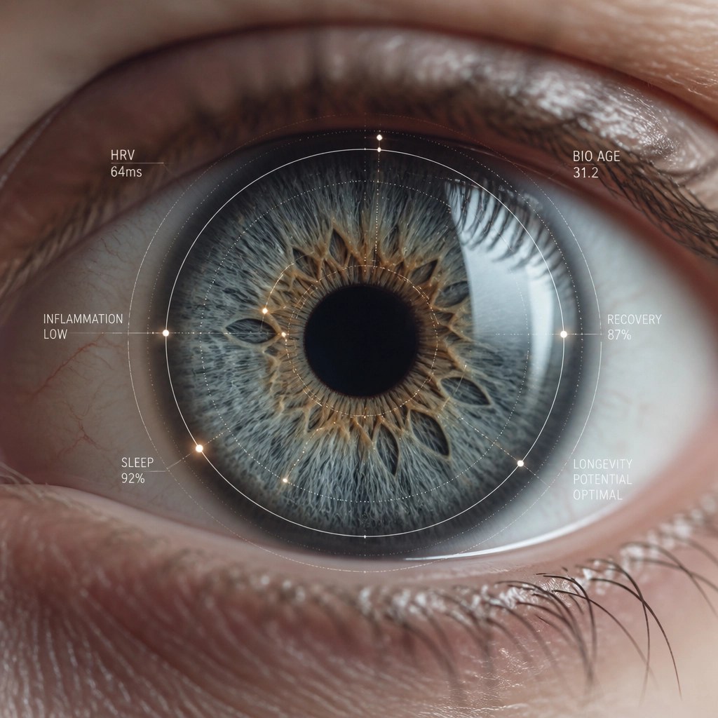 A symbolic close-up of a human eye with biometric data overlays.