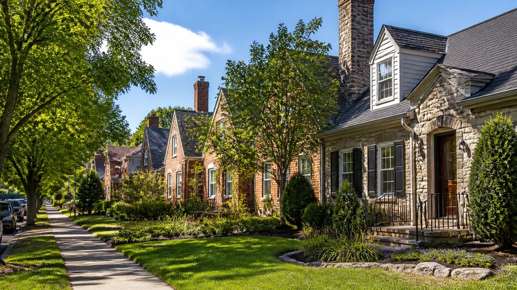 Maryland neighborhood with welcoming brick homes and mature trees