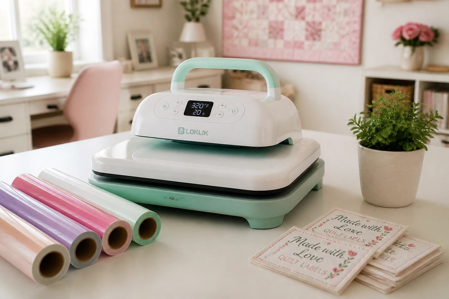 A professional heat press setup, perfect for adding high-quality vinyl designs or custom labels to your handmade creations.