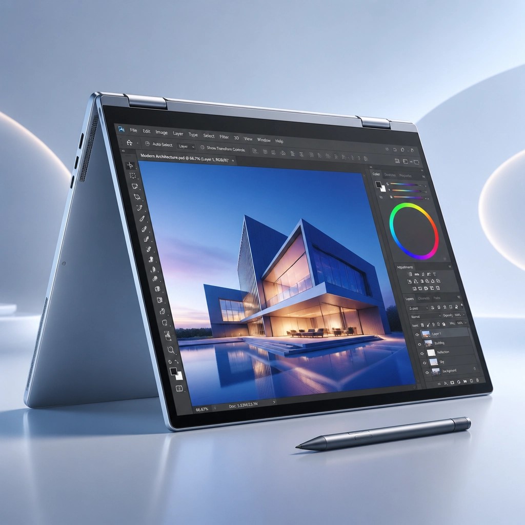 A 3D digital illustration of a sleek 2-in-1 laptop folded into tent mode, showcasing a vibrant touchscreen with professional design software.