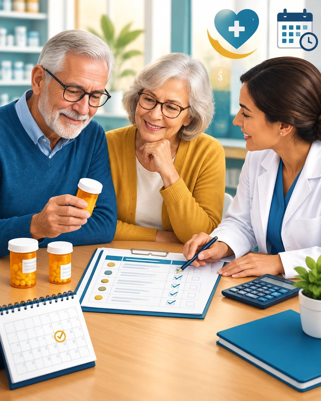 Senior couple reviewing prescription costs and a Medicare formulary with an advisor