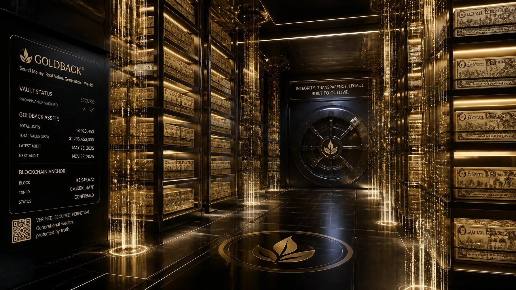 A secure digital vault housing physical Goldbacks alongside pillars of glowing data, representing the union of physical value and digital security.